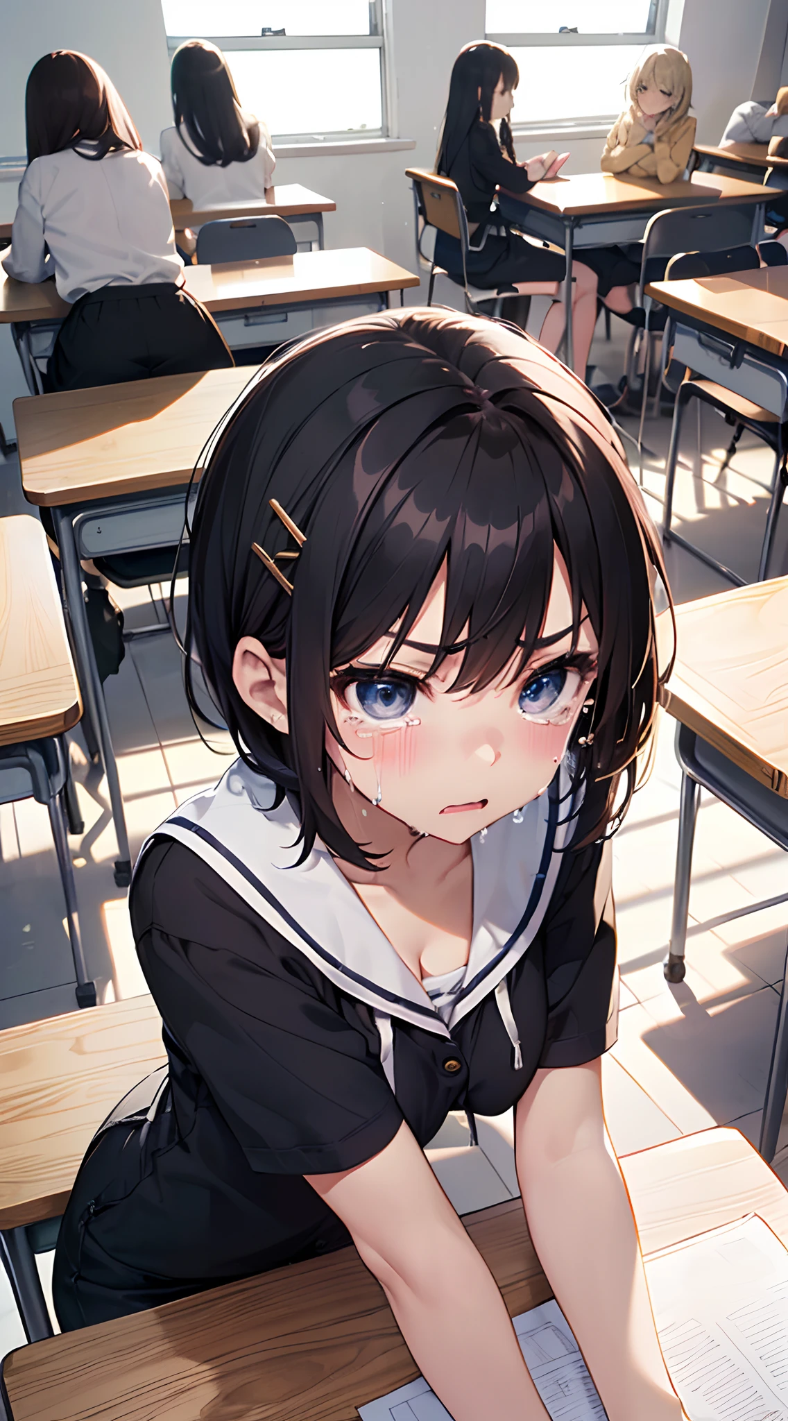 top-quality、masterpiece、8K、((very thin eyebrows、Cute breasts、show breast:1.2、Undressed:1.3、teats:1.2))、Classroom、In class、Full of high school girls、Lots of people in the background、Wallpaper Girls 5、Lie down at the desk、girl with、hiding、((glares:1.2、angry、is crying、eye brows up))、glares、Sit on your knees、sitting on、Angle from above、crouching down、((boyish:1.3、hair pin))、short-haired:1.2、Frightened face、Elbows on the desk、