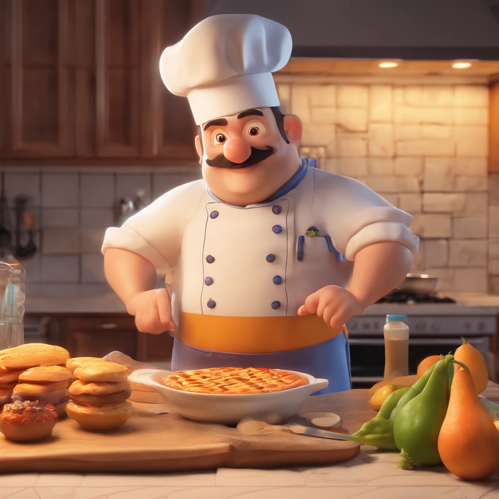 Crie uma cena de desenho animado estilo 3d -Pixar, Onde um homem, de cabelos lisos castanhos com 40 anos de idade, She's cooking dressed as a pastry chef.