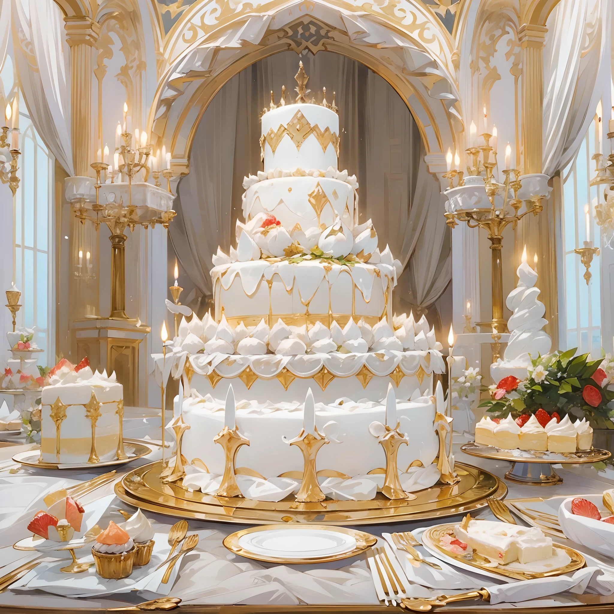 The birthday cake，cream，the detail，White gauze arches，luxurious palace，first person perspective，one-girl，Single horsetail，Cake knives，Luxurious sets