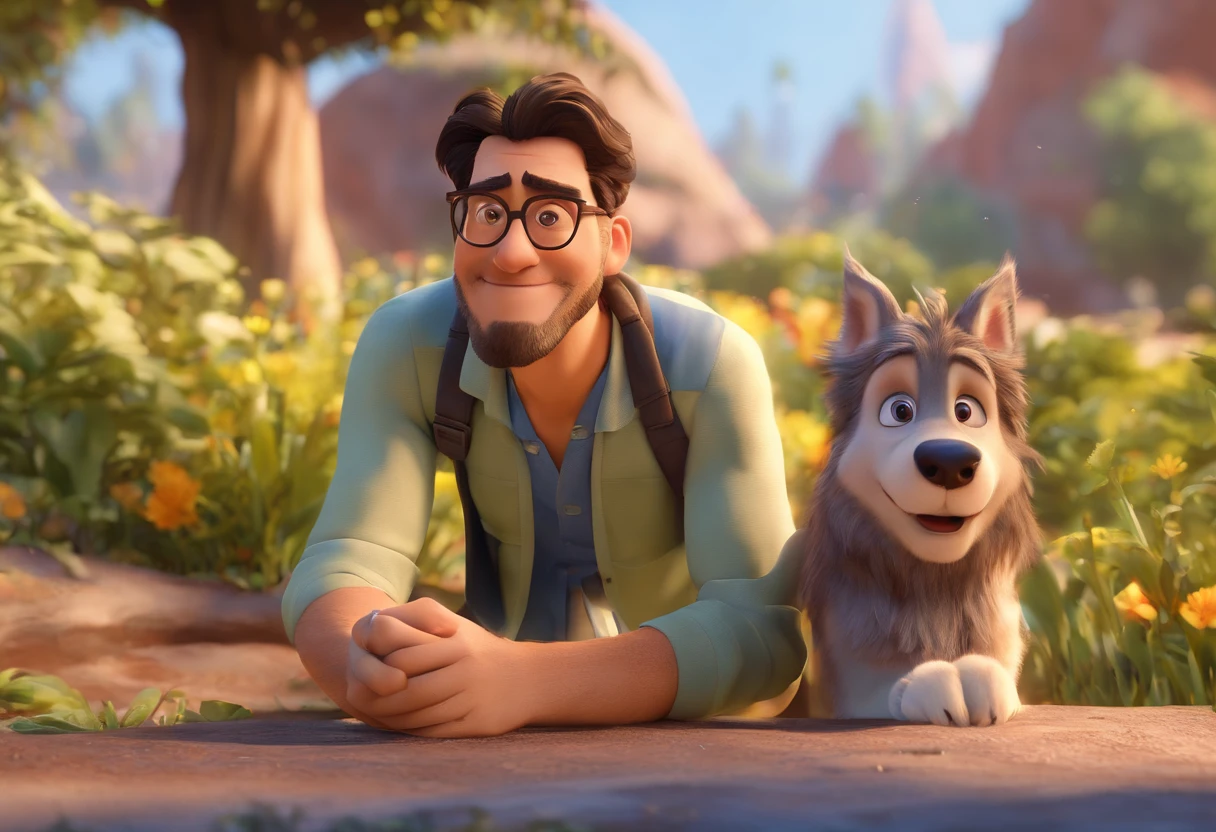 Pixar 3D inspirado na Disney capturando uma cena com um homem com seus 35 anos mulato completamente careca e sem barba, with manly biotype, Wearing an aviator-style prescription glasses, passeando na rua com seu lobo adulto de pelo todo branco e olhos azuis. He's excitedly petting his wolf, mostrando a sua felicidade.