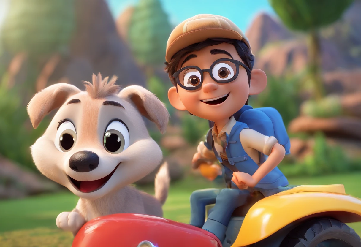 Pixar 3D inspirado na Disney capturando uma cena com um homem com seus 35 anos mulato completamente careca e sem barba, with manly biotype, Wearing an aviator-style prescription glasses, passeando na rua com seu lobo adulto de pelo todo branco e olhos azuis. He's excitedly petting his wolf, mostrando a sua felicidade.