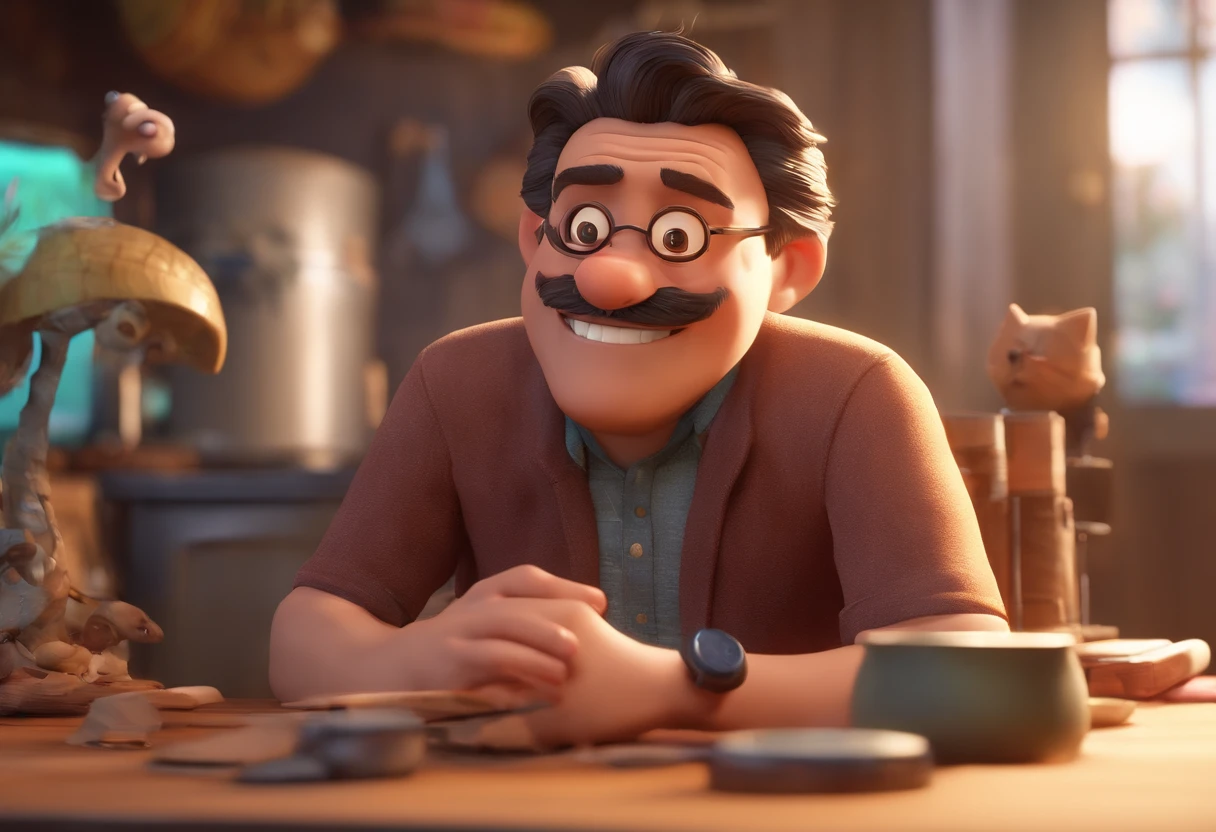 Pixar 3D inspirado na Disney capturando uma cena com um homem com seus 35 anos mulato completamente careca e sem barba, with manly biotype, Wearing an aviator-style prescription glasses, passeando na rua com seu lobo adulto de pelo todo branco e olhos azuis. He's excitedly petting his wolf, mostrando a sua felicidade.