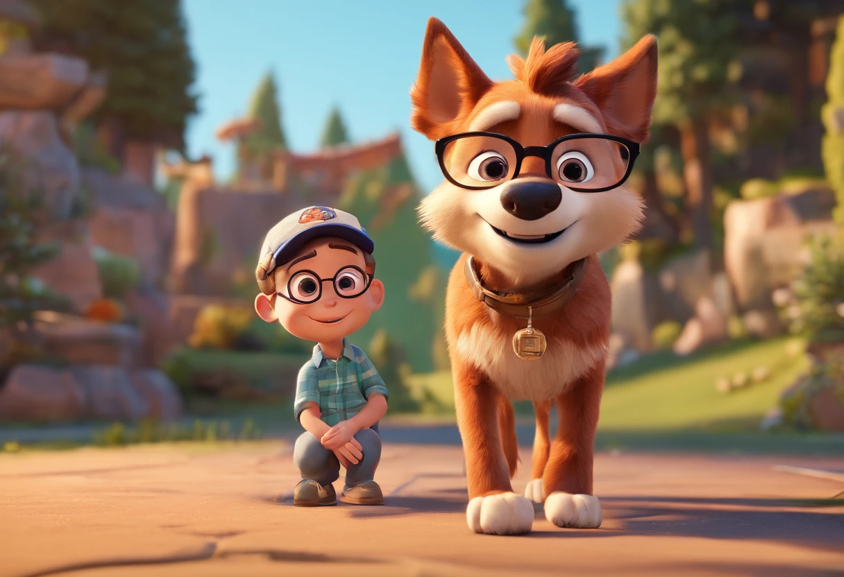 Pixar 3D inspirado na Disney capturando uma cena com um homem com seus 35 anos mulato completamente careca e sem barba, with manly biotype, Wearing an aviator-style prescription glasses, passeando na rua com seu lobo adulto de pelo todo branco e olhos azuis. He's excitedly petting his wolf, mostrando a sua felicidade.
