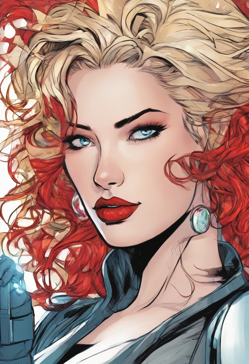 Marvel Conical Panel, Adscente, fair pale skin, olhos azuis , cabelo preto na altura dos ombros, long eyeslashes, Black and red superhero costume, delineador, red-lips, cabelos pretos