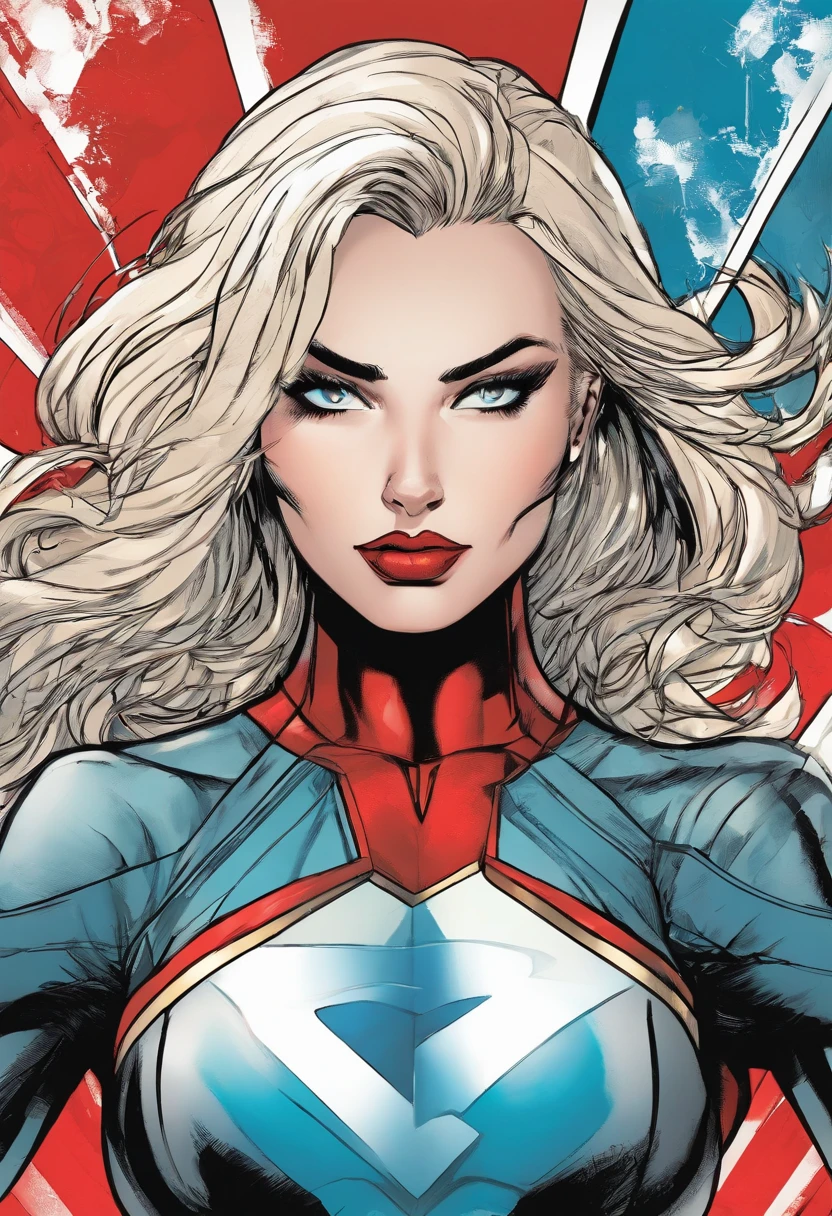 Marvel Conical Panel, Adolescente, fair pale skin, olhos azuis , cabelo preto na altura dos ombros, long eyeslashes, Black and red superhero costume, delineador, red-lips, cabelos pretos
