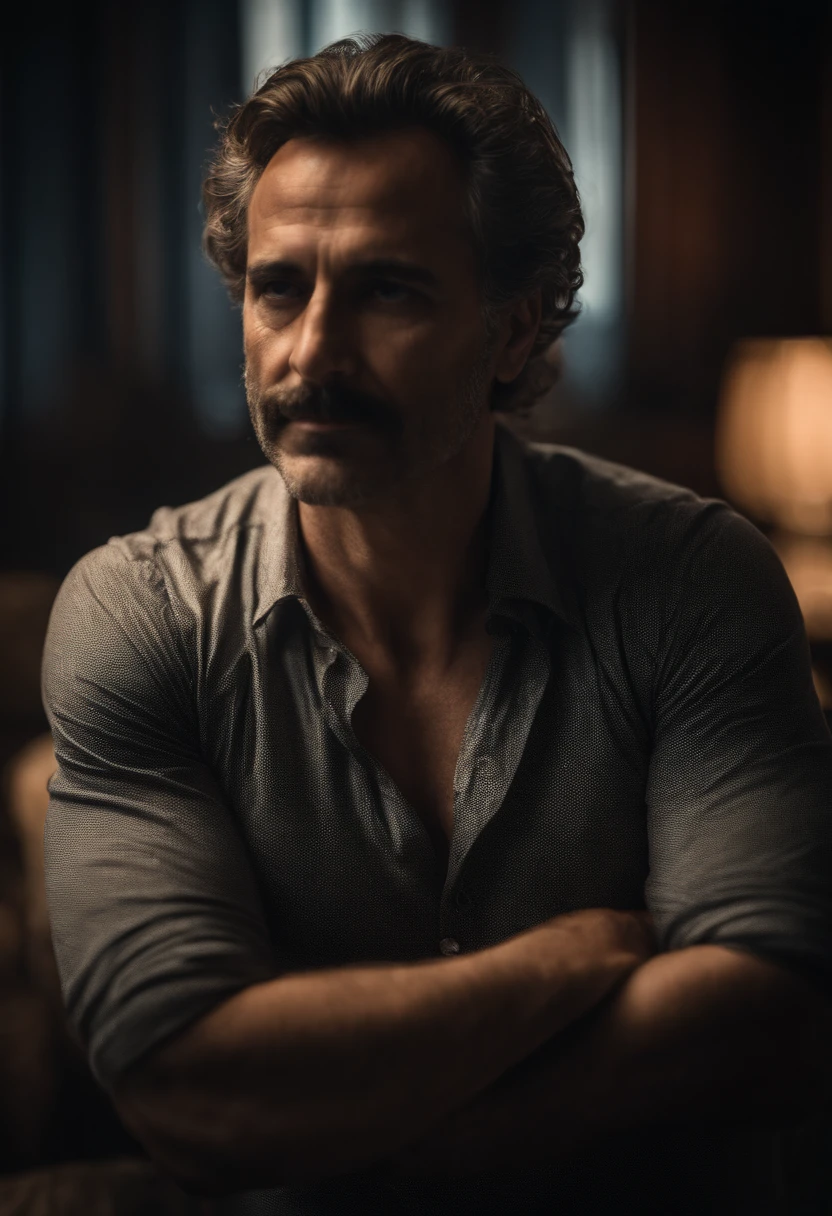 Retrato de um homem de costas cabelo escuro, vestido com jaleco de aproximadamente 34 anos