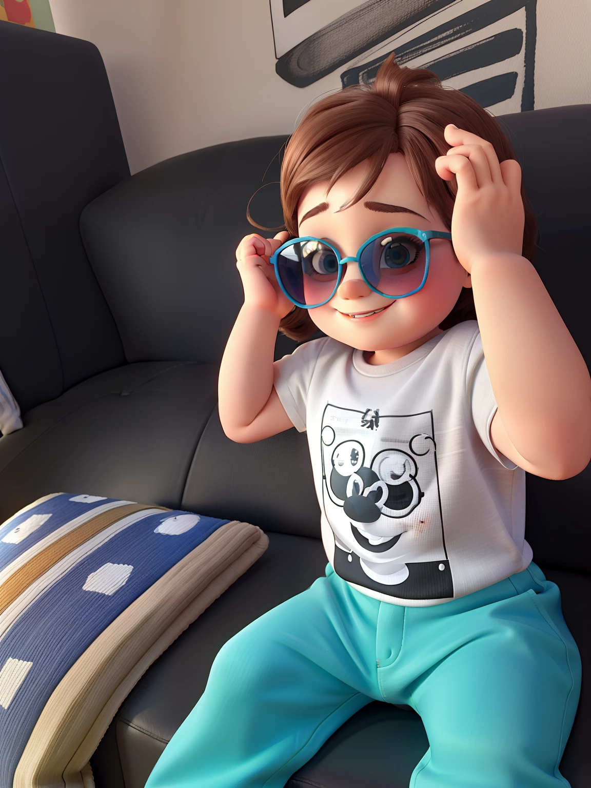 Happy two-year-old child in sunglasses, cabelo curto, sitting not sofa, igual filme da Disney amor