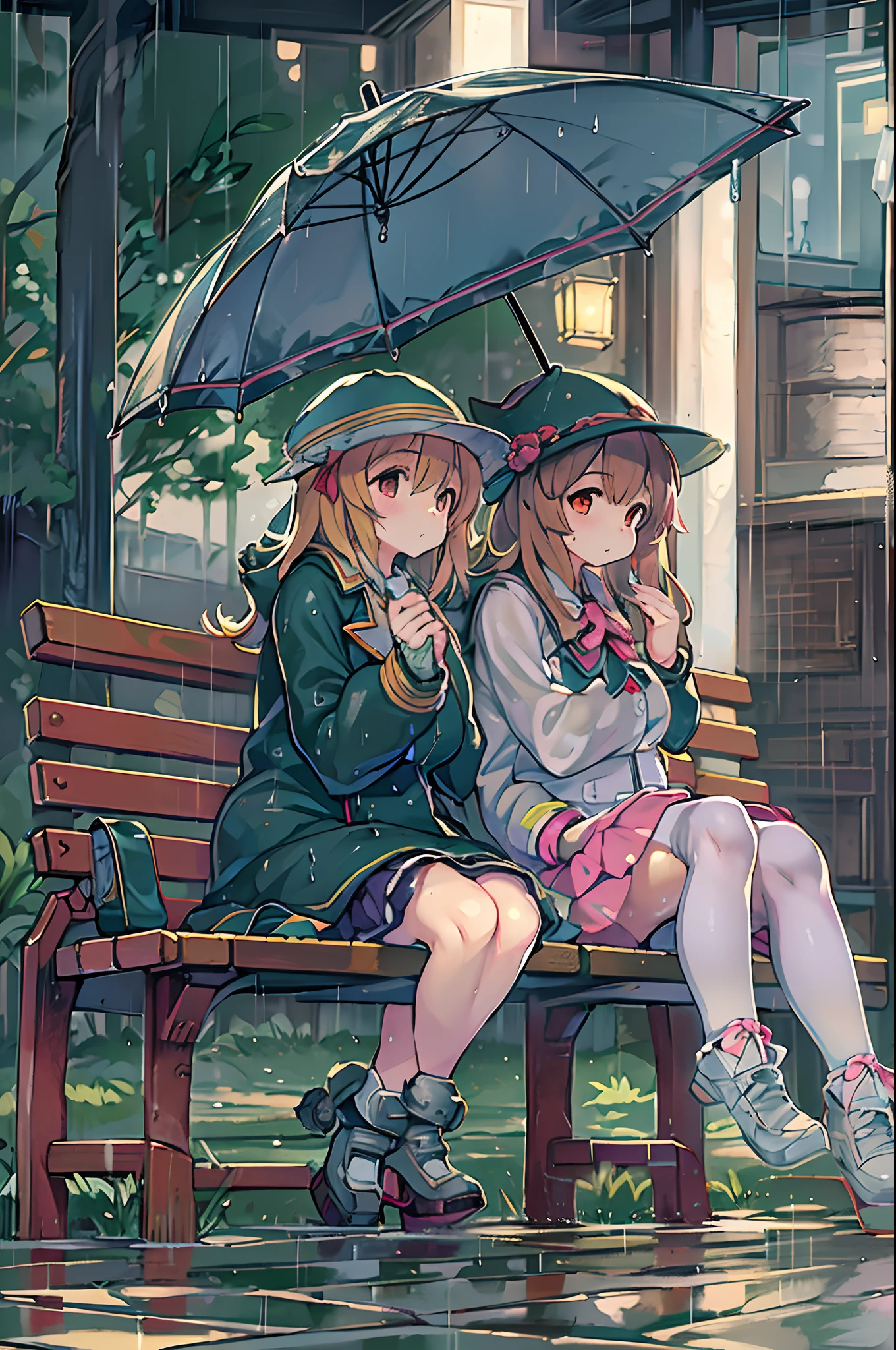 Two girls,under the rain、Anime characters sitting on a bench under an umbrella, Sateen!, Sateen!!, Kantai Collection Style, Sateen!!!, after rain and no girl, kawacy, anime style 4 k, In the rain, It's raining outside, anime moe art style, under rain, Cute art style, rainy day, Trending on ArtStation pixiv, official artwork,red blush、lesbian
