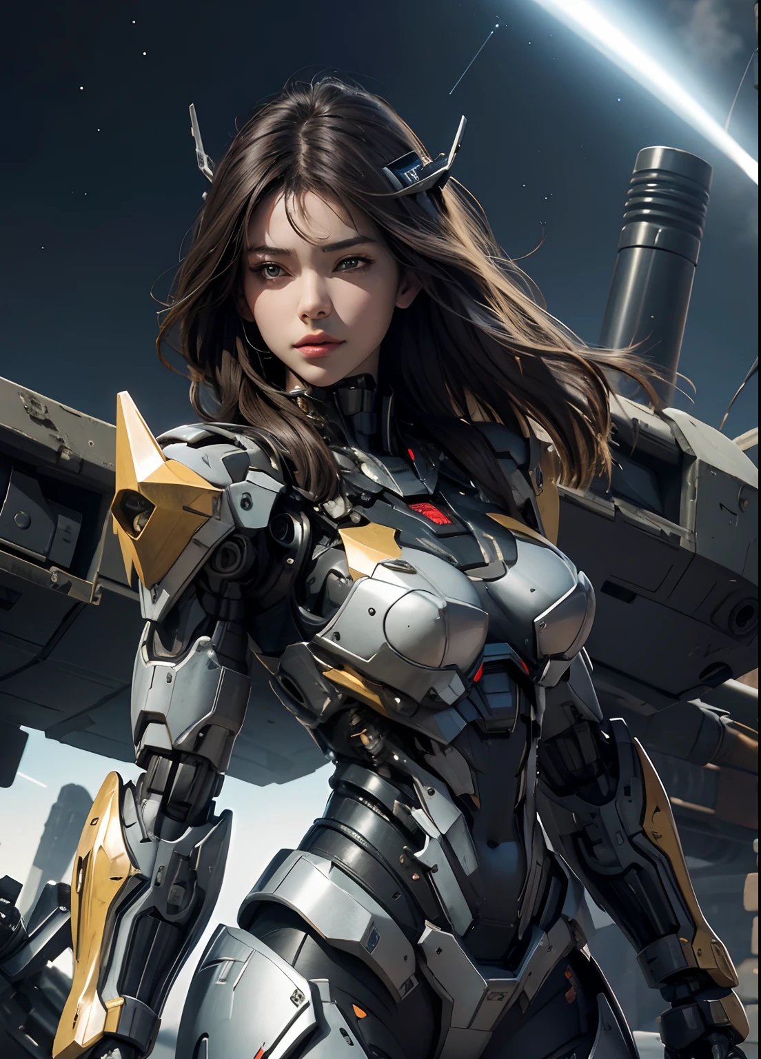 Textured skin, Super Detail, high details, High quality, Best Quality, hight resolution, 1080p, hard disk, Beautiful,(cyborgs),(Missiles from the chest),(Machine gun from both hands),beautiful cyborg woman,Mecha Cyborg Girl,Battle Mode,Girl with a Mecha Body,She wears a battle cyborg mech with a weapon,Fulll body Shot