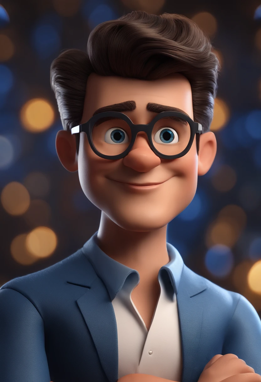 Cartoon character of a man with black glasses and a blue shirt, animation character, Caractere estilizado, animation style rendering, 3D estilizado, Arnold Maya render, 3 d render stylized, toon render keyshot, Personagem 3D, Personagem 3D, 3d rendering stylized, 3 d character render, personagem de desenho animado, Personagem de close up, Pose de personagem,  (Estilo Pixar) (master part:1.2) (Bokeh) (best quality) (pele detalhada) (textura detalhada) (8k) (argila) (Cinematic lighting) (foco nítido
