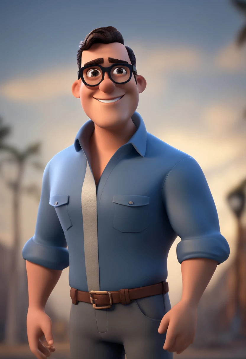 Cartoon character of a man with black glasses and a blue shirt, animation character, Caractere estilizado, animation style rendering, 3D estilizado, Arnold Maya render, 3 d render stylized, toon render keyshot, Personagem 3D, Personagem 3D, 3d rendering stylized, 3 d character render, personagem de desenho animado, Personagem de close up, Pose de personagem, (Estilo Pixar) (master part:1.2) (Bokeh) (best quality) (pele detalhada) (textura detalhada) (8k) (argila) (Cinematic lighting) (foco nítido