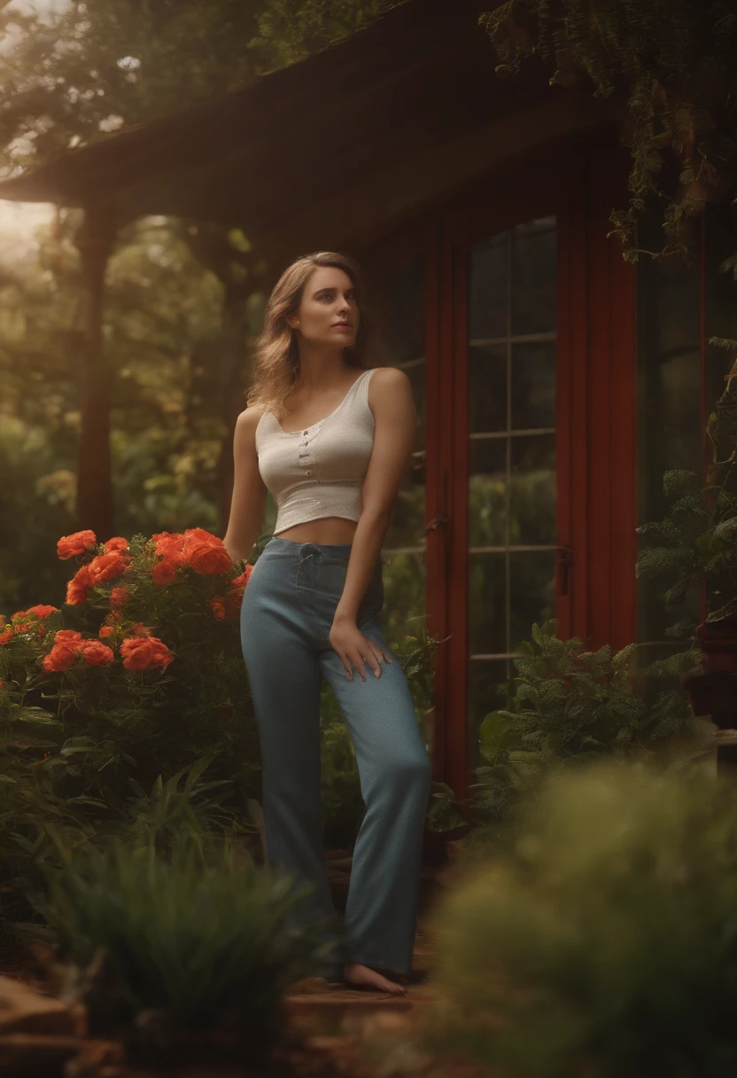 4k, Realistic, carismatic, Muito Detalhe, there is a girl in the garden house, vestindo mulher coelho , tema suave, Pants, 25 anos, corpo inteiro