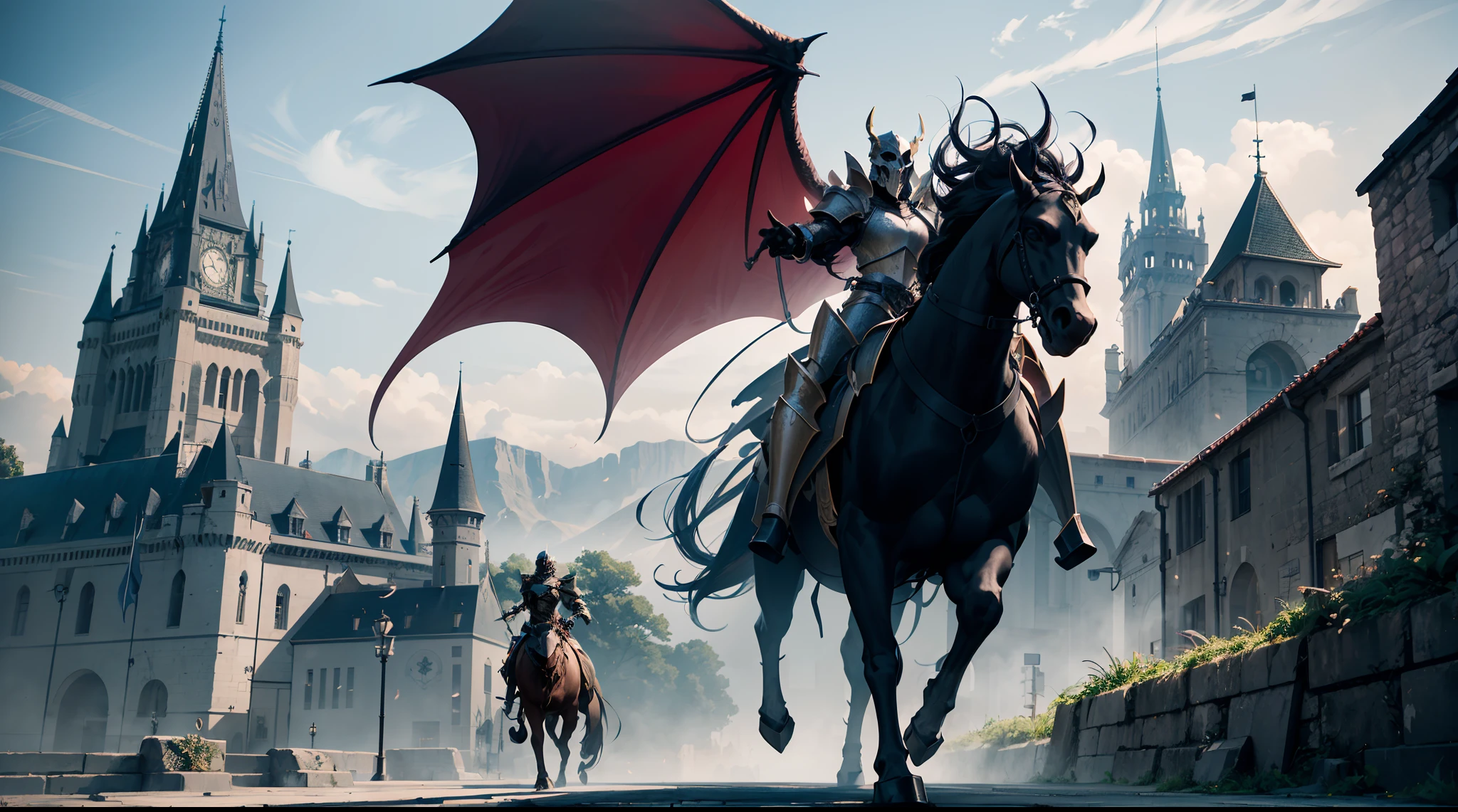 masterpiece, digital painting, fantasy art, legendary story, black warrior knight, ridding a flying black dragon, golden and black armor suit, castle tower in backdrop, skull mask, wallpaper, UHD, 8K art, unreal engine render, TXAA, FXAA, RTX, octane render, character design