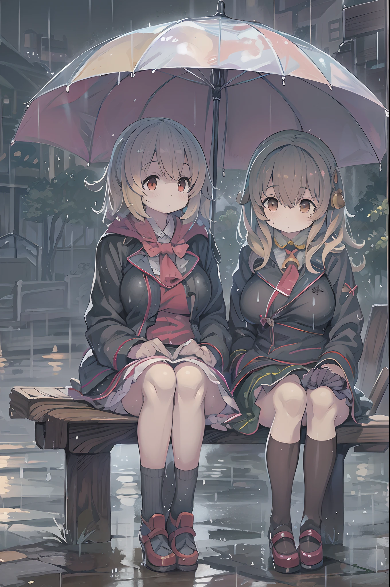 Two girls,under the rain、Anime characters sitting on a bench under an umbrella, Sateen!, Sateen!!, Kantai Collection Style, Sateen!!!, after rain and no girl, kawacy, anime style 4 k, In the rain, It's raining outside, anime moe art style, under rain, Cute art style, rainy day, Trending on ArtStation pixiv, official artwork,red blush、lesbian