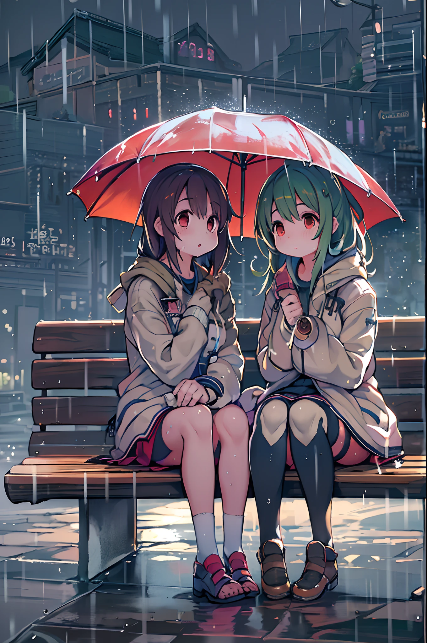 Two girls,under the rain、Anime characters sitting on a bench under an umbrella, Sateen!, Sateen!!, Kantai Collection Style, Sateen!!!, after rain and no girl, kawacy, anime style 4 k, In the rain, It's raining outside, anime moe art style, under rain, Cute art style, rainy day, Trending on ArtStation pixiv, official artwork,red blush、lesbian