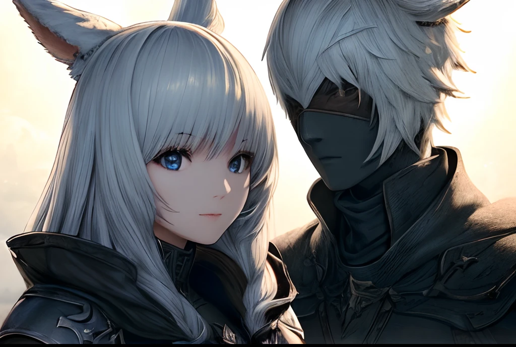 Girl in black costume with white cat head. She wears Final Fantasy XIV-style moon-inspired clothing. The girl has white hair,、It's a character from Lalafell. Moved to PXIV、wearing imperial gear. The setting is a desolate plain, And she wears a cloak. The girl is relaxed and、Has white hair. Wearing black shiny armor and light black armor. The costumes are、It is a fantasy costume with a fered-themed robe and hat. She smiled、I'm looking straight into the camera. (Best Quality, 4K, 8K, hight resolution, masutepiece:1.2), Ultra-detailed, (Realistic, Photorealistic, Photorealsitic:1.37), nffsw, nffsw, Studio Lighting, Ultra-fine painting, Sharp Focus, Physically-based rendering, extreme detail description, Professional, Vivid colors, Bokeh Art Style: Portraits, Concept Artist Color and Tone: Dark and mysterious lighting: Moonlight casts a soft light on the plains