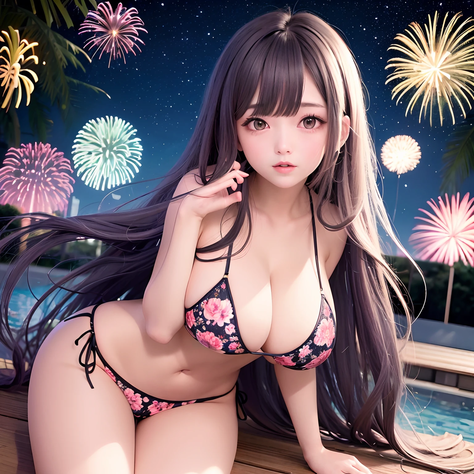 The upper part of the body、one girls、greyt hair、Curly hair、Floral string bikini、underbust、Tremendously large breasts、gravure model,Gravure Pose、Japan anime-style odd-eye,in poolside、nighttime scene、Beautiful fireworks in the night sky、 itting open legs