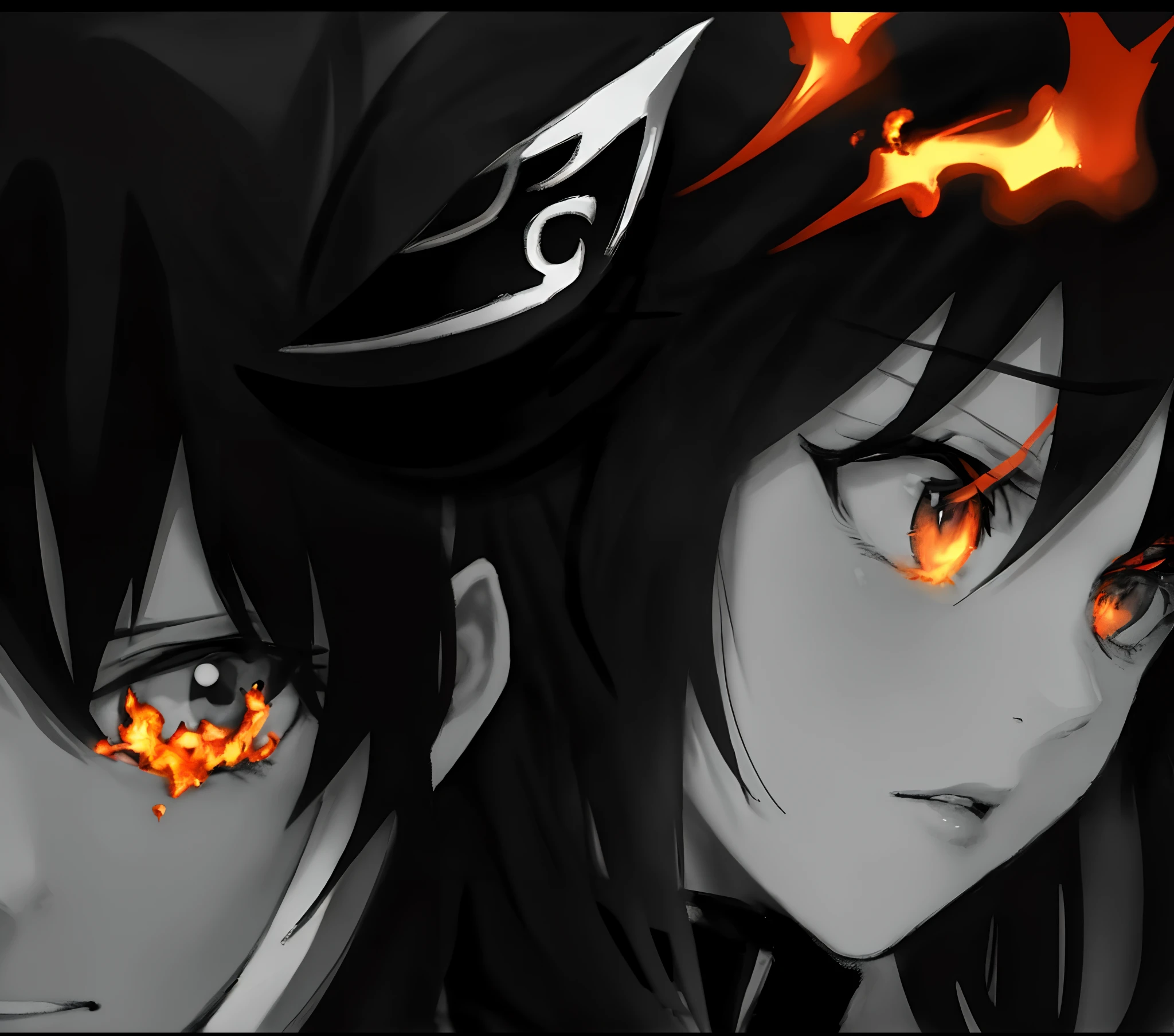 Black and white picture. Anime guy wearing a black and white-flamed black and white mask