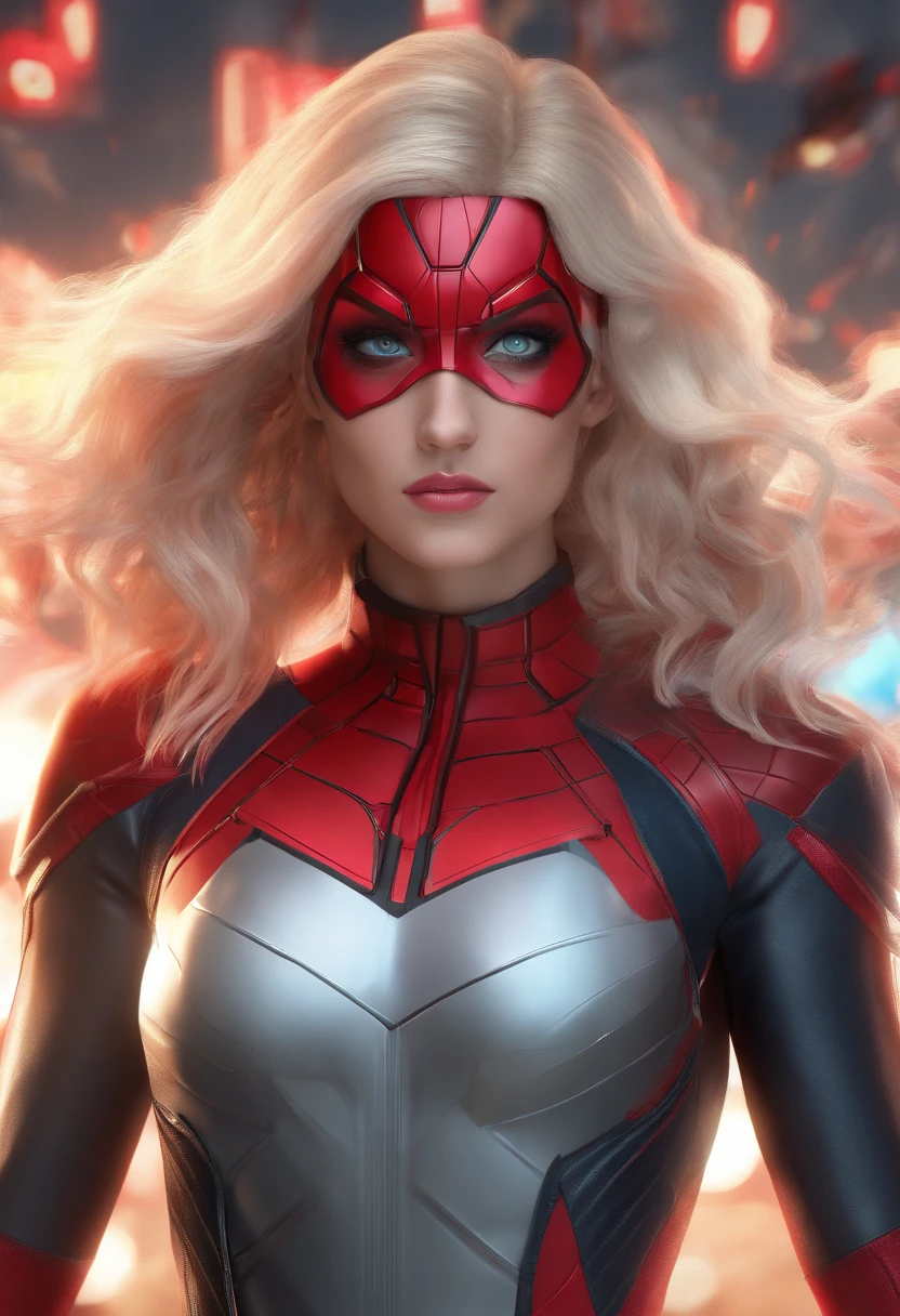 Marvel Conical Panel, Adscente, fair pale skin, olhos azuis , cabelo preto na altura dos ombros, long eyeslashes, Black and red superhero costume, delineador, red-lips, cabelos pretos