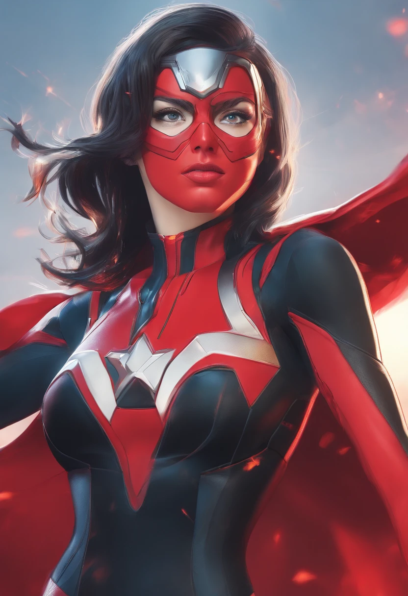 Marvel Conical Panel, Adscente, fair pale skin, olhos azuis , cabelo preto na altura dos ombros, long eyeslashes, Black and red superhero costume, delineador, red-lips, cabelos pretos
