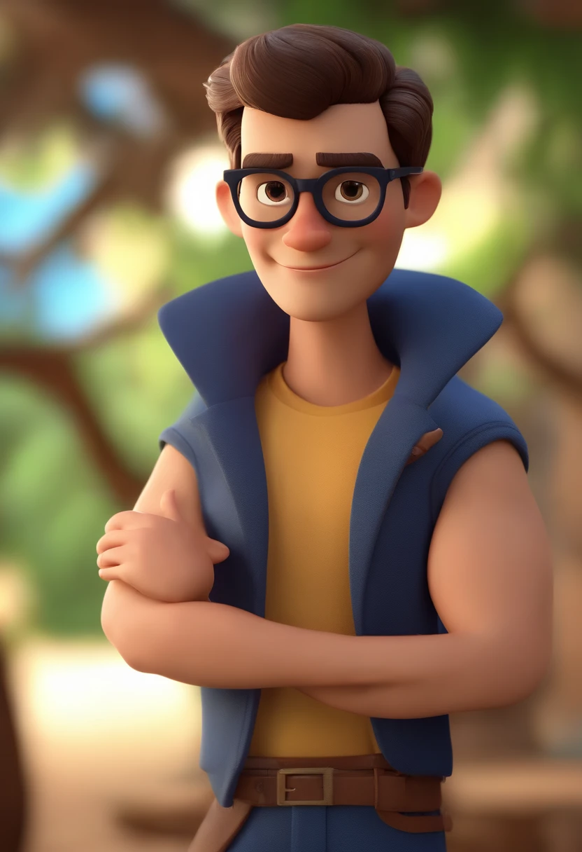 Cartoon character of a man wearing black glasses and a blue shirt, um personagem animado, Caractere estilizado, animation style rendering, 3D estilizado, Arnold Maya render, 3 d render stylized, toon render keyshot, Personagem 3D, Personagem 3D, 3d rendering stylized, 3 d character render, personagem de desenho animado, Personagem de close up, Pose de personagem, (Estilo Pixar) (master part:1.2) (Bokeh) (best quality) (pele detalhada) (textura detalhada) (8k) (argila) (Cinematic lighting) (foco nítido，Senta e vaza a parte superior do corpo