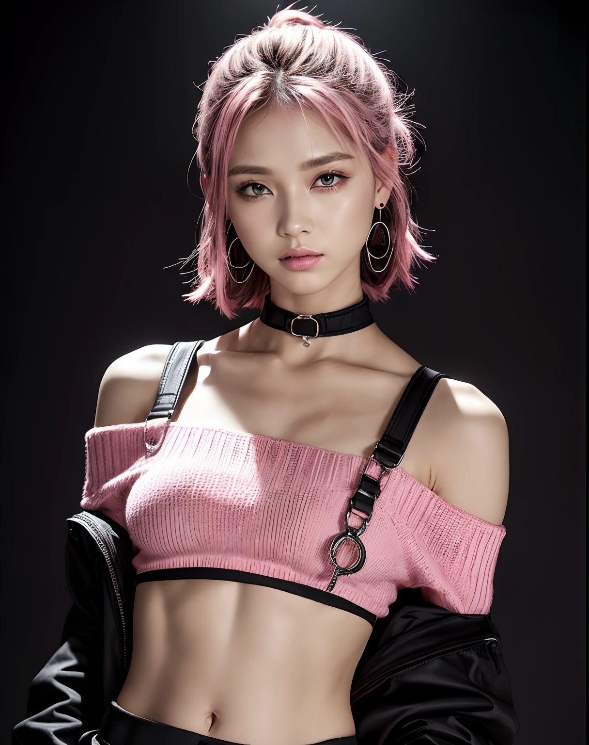 BREAK (pink theme:1.4), (vivid colors:1.3), (pink sweater:1.4), (long-sleeve:1.3), ((off shoulder, navel, stomach):1.3),
BREAK (black theme:1.3), ((black oversized pants, black baggy pants):1.3), (black choker:1.2), (earrings:1.2), (lace-up boots:1.1),