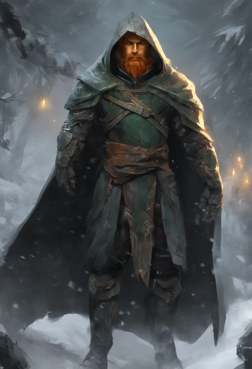 Mysterious middle-aged human male, Short ginger hair, Short turmeric beard, Scar face, the scars, Detail dark green eyes,high detal, Grayscale armor, Dark hooded cape, Dark fantasy, cinema shot, yellow glow, Frozen tundra background, medieval, Masterpiece, Everything is in a dark fantasy art style