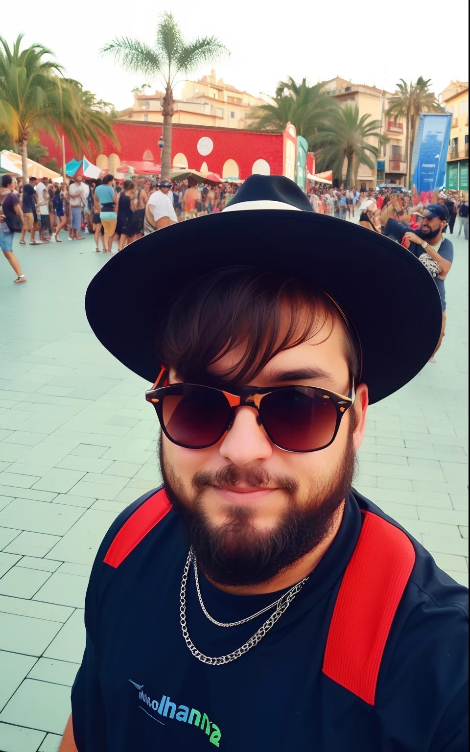 There is a man wearing a hat and sunglasses standing in a square, Streamer do Twitch / Jogador Ludwig, foto de perfil 1024px, imagem de qualidade muito baixa, neckbeard, festival vibes, he is wearing a hat, vacation photo, imagem do avatar, em barcelona, with a weird hat, inspired by Antônio Parreiras, intrincado