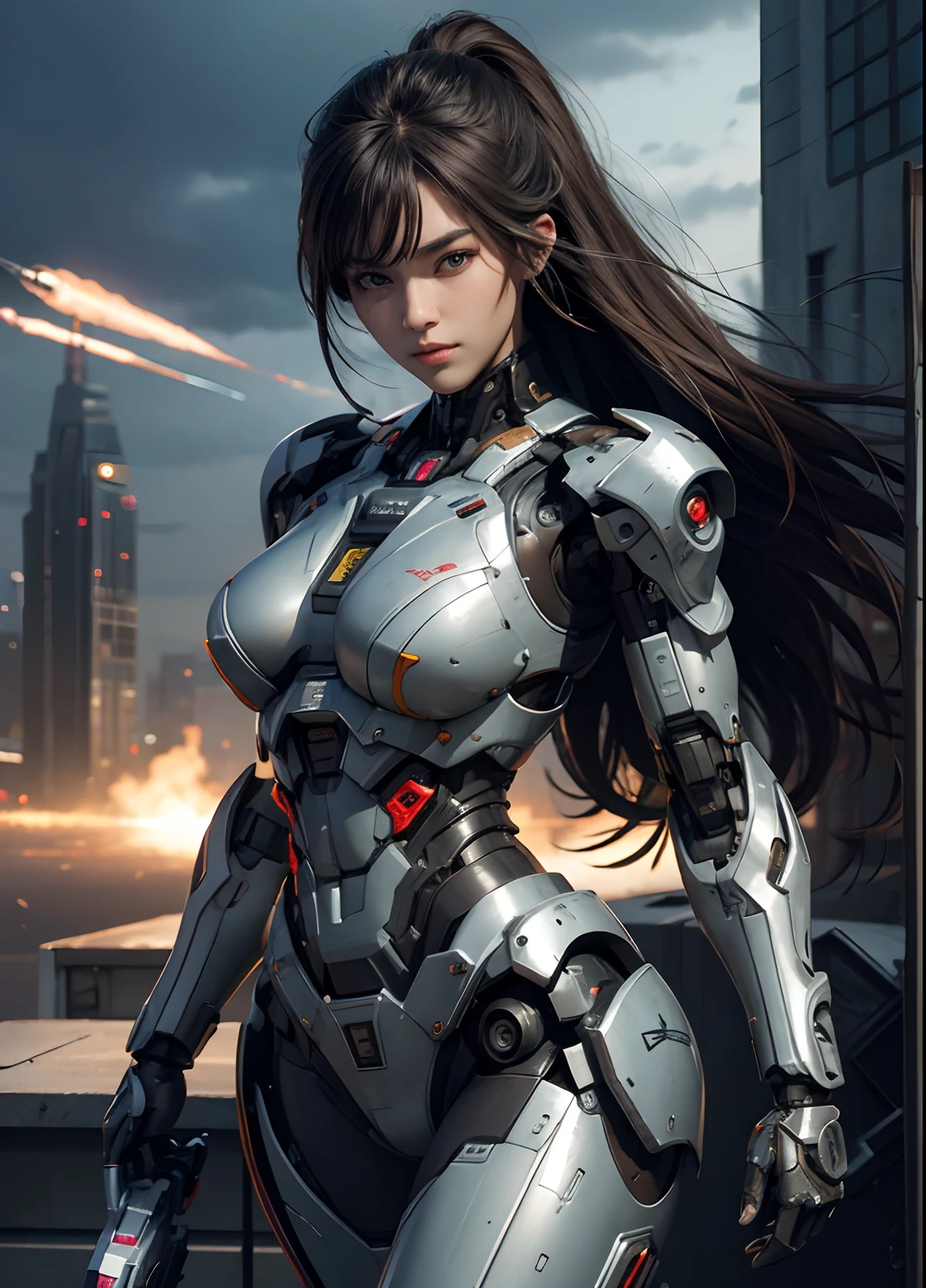 Textured skin, Super Detail, high details, High quality, Best Quality, hight resolution, 1080p, hard disk, Beautiful,(cyborgs),(Missiles from the chest),(Machine gun from both hands),beautiful cyborg woman,Mecha Cyborg Girl,Battle Mode,Girl with a Mecha Body,She wears a battle cyborg mech with a weapon,Fulll body Shot