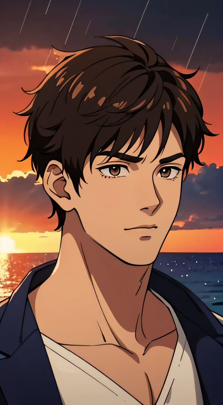 masterpiece, best quality, ultra high detailed,full-color, 1 boy, anime style, portrait shot of a handsome 19 year old male, at the beach, sunset, the room is dark, dim lights only, backlit, night, rain, the light is dark insie the cafe, the boy is very handsome, his face has perfect ratio, detailed face, very short hair, big beautiful yet masculine eyes, he is shy,