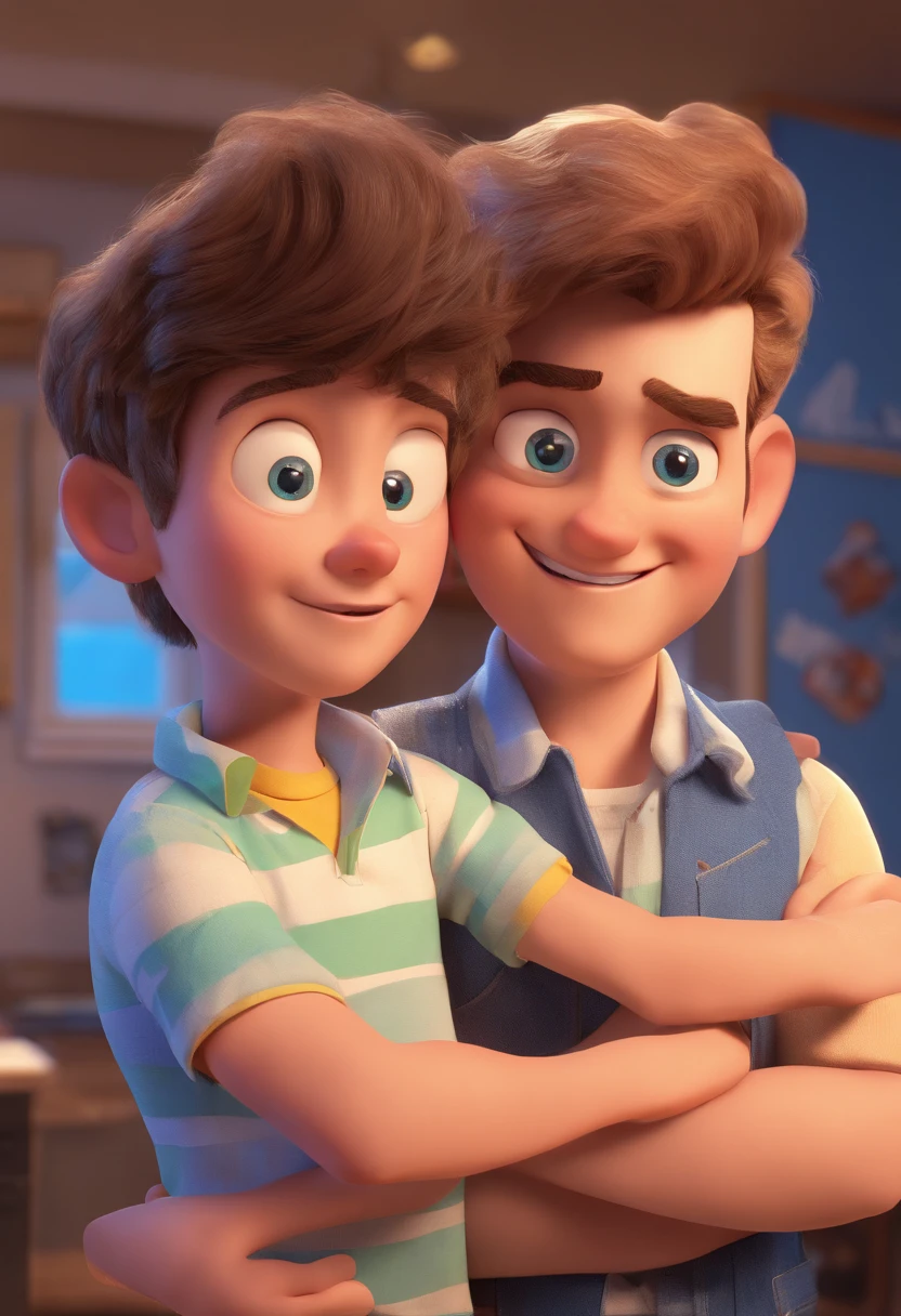 Estilo Pixar: The grown man is holding a naked blue-eyed boy and in his other hand he is holding a pair of scissors and is trying to cut off the boy's testicles,3D Poster,Disney