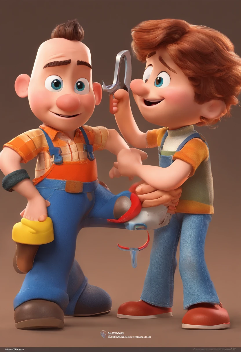 Estilo Pixar: The grown man is holding a naked blue-eyed boy and in his other hand he is holding a pair of scissors and is trying to cut off the boy's testicles,3D Poster,Disney