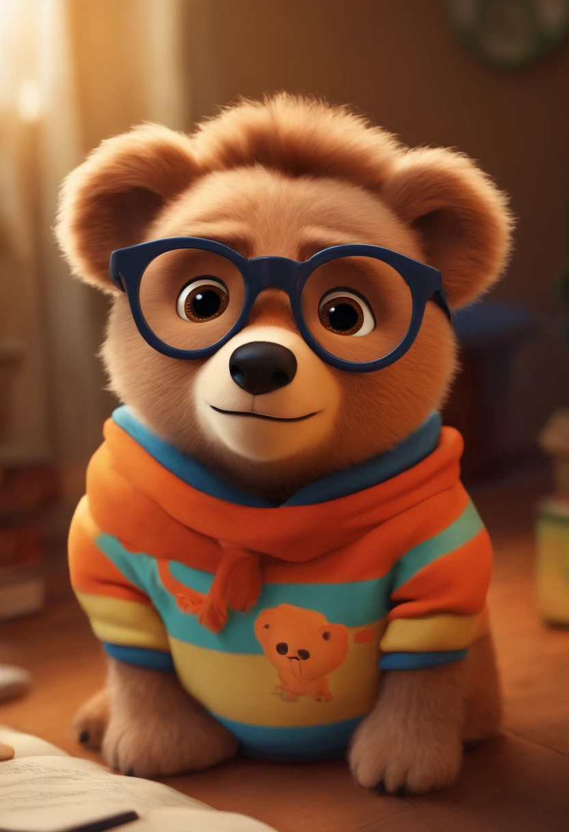 Menino estilo desenho animado, Pixar, wearing round glasses, segurando um urso de pelucia, roupa de escoteiro,
