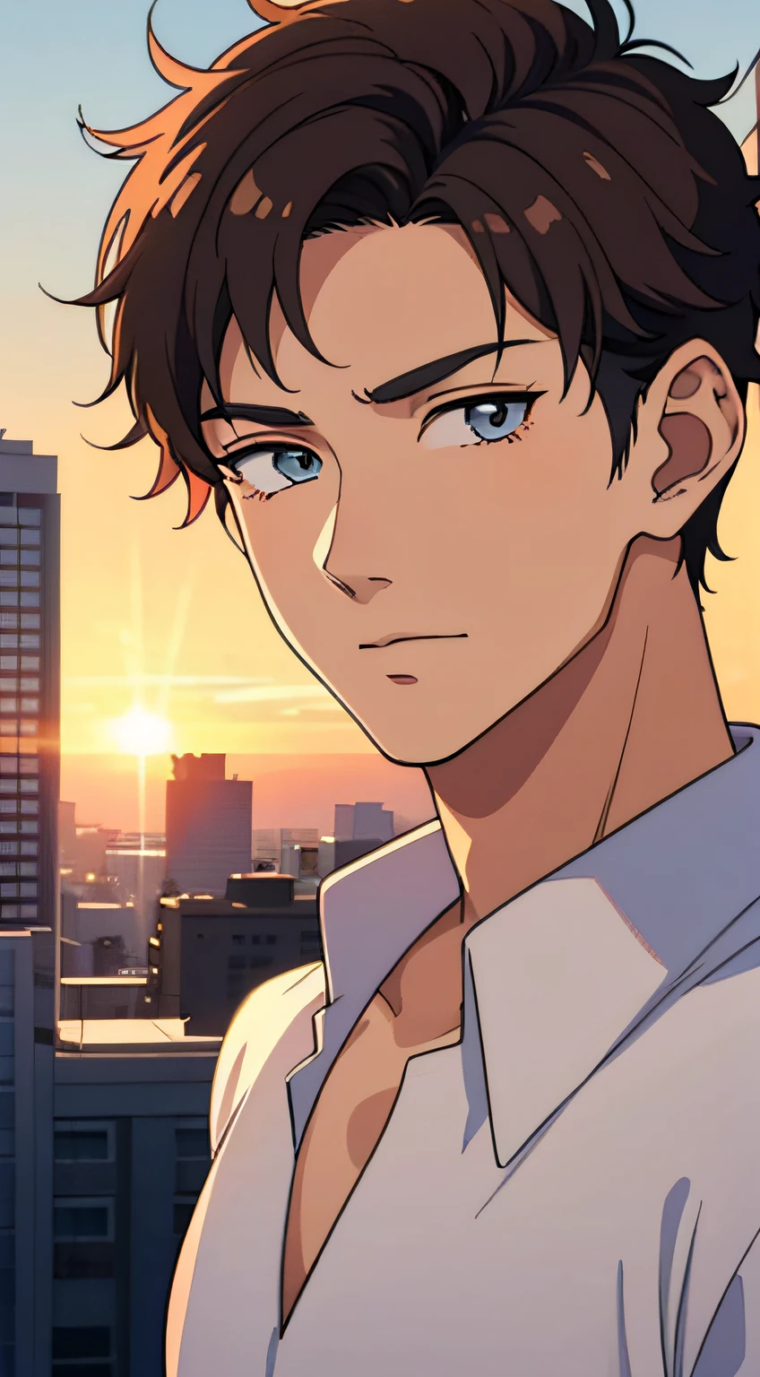 masterpiece, best quality, ultra high detailed,full-color, 1 boy, anime style, portrait shot of a handsome 19 year old male, in the city, sunset , the boy is very handsome, his face has perfect ratio, detailed face, very short hair, big beautiful yet masculine eyes, detailed eyes, he is shy, the lines are thin