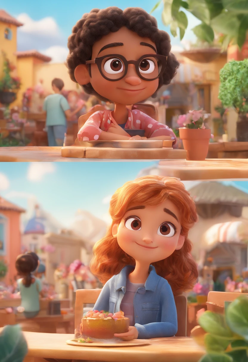 An illustration of an adorable couple, destacando um homem e uma mulher com bonito, Expressive eyes – the man's skin is white and the man's hair is gray with a short beard, Glasses and chubby, while the woman is mixed-race and the woman's hair is curly and black. They are a bright room, cada um com um sorriso no rosto, e compartilhar um momento especial caracterizado pelo amor, arroz, e insights educacionais. Illustrate this scene from a perspective where they are facing away from the camera, Showing Your Connection. Desenvolva esta arte em Full HD, Focus on your cinematic touch, Estilo Disney Pixar Animations