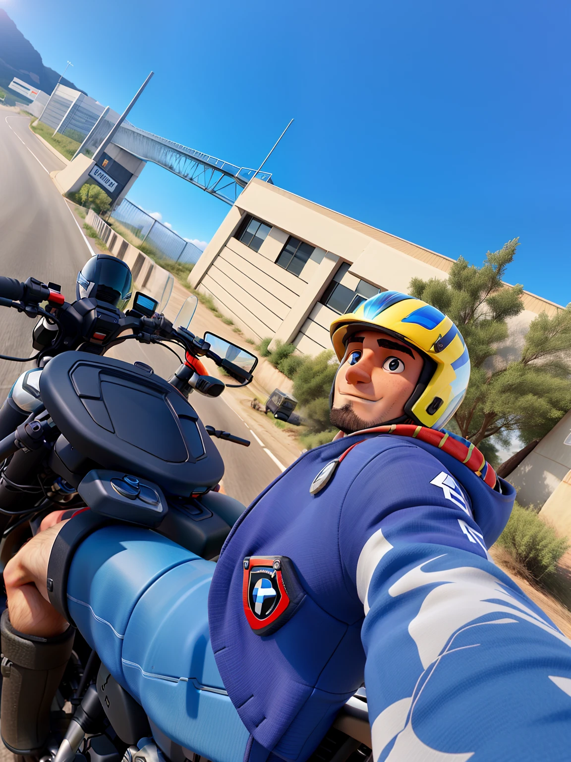 Um homen de 29 anos andando em uma moto bigtrial da bmw em uma tarde de sol