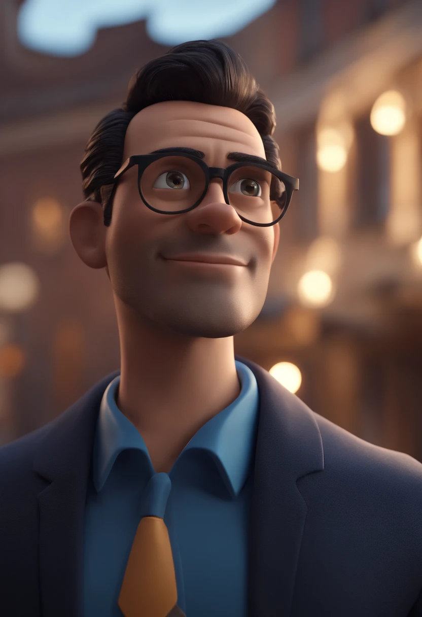 Cartoon character of a man with black glasses and a blue shirt, animation character, Caractere estilizado, animation style rendering, 3D estilizado, Arnold Maya render, 3 d render stylized, toon render keyshot, Personagem 3D, Personagem 3D, 3d rendering stylized, 3 d character render, personagem de desenho animado, Personagem de close up, Pose de personagem, (Estilo Pixar) (master part:1.2) (Bokeh) (best quality) (pele detalhada) (textura detalhada) (8k) (argila) (Cinematic lighting) (foco nítido