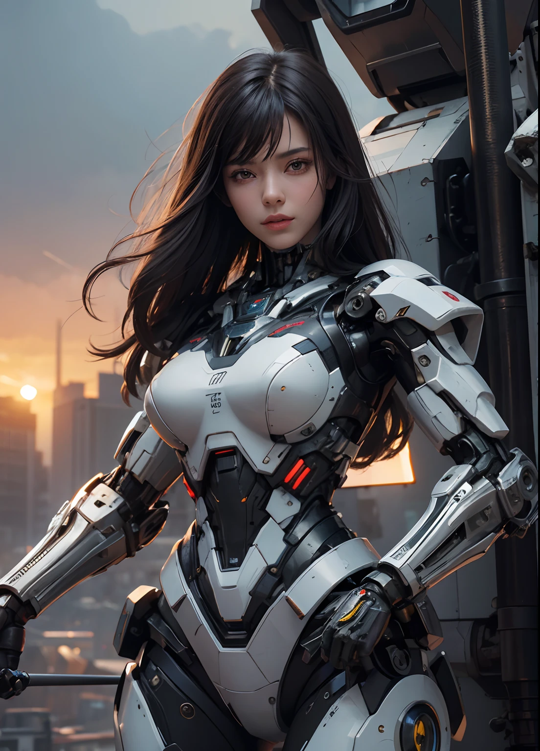 Textured skin, Super Detail, high details, High quality, Best Quality, hight resolution, 1080p, hard disk, Beautiful,(cyborgs),(Missiles from the chest),(Machine gun from both hands),beautiful cyborg woman,Mecha Cyborg Girl,Battle Mode,Girl with a Mecha Body,She wears a battle cyborg mech with a weapon,Fulll body Shot