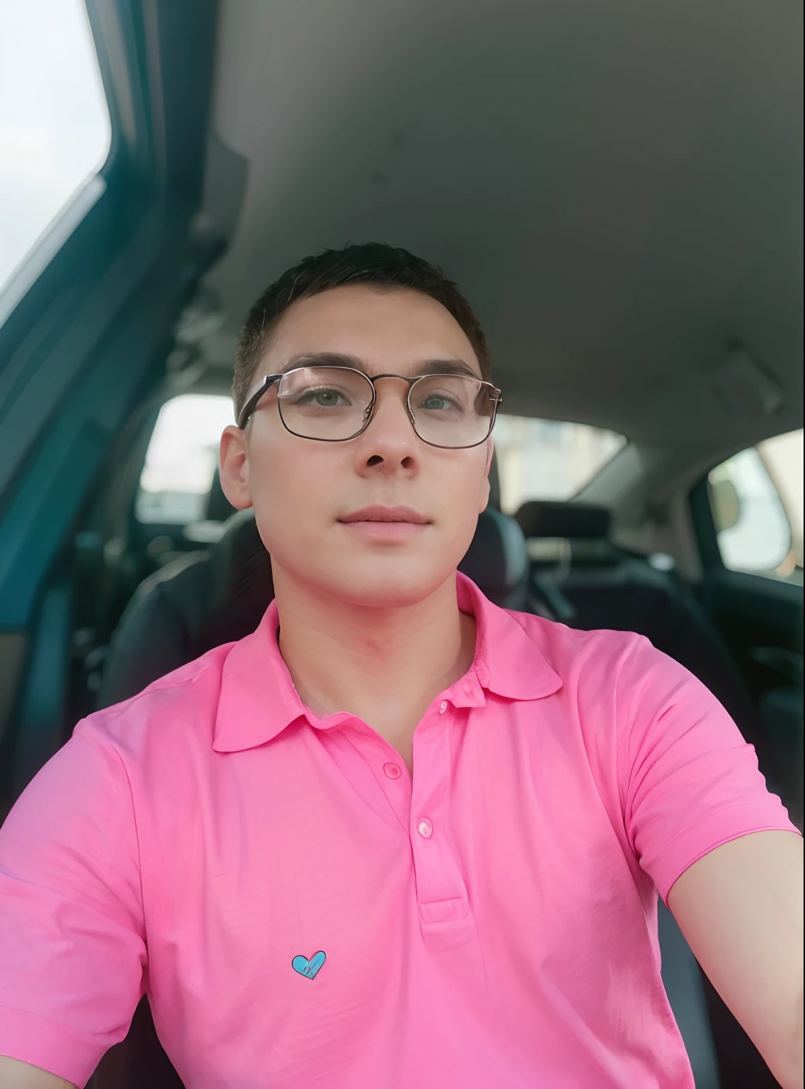 Pink shirt and wearing glasses