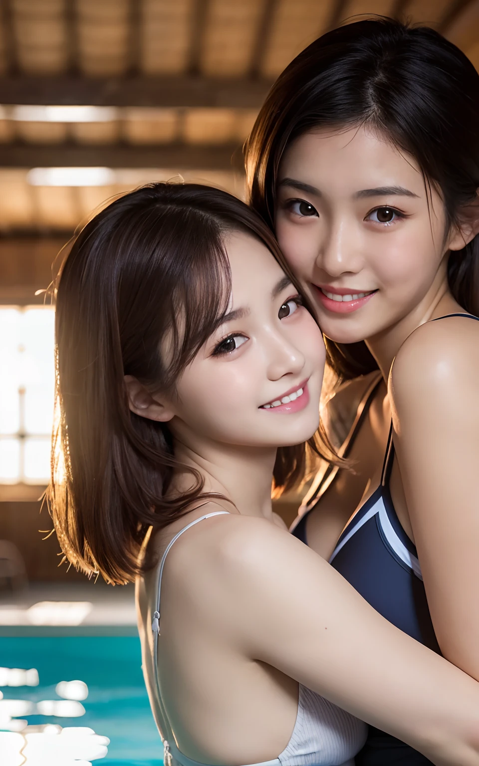 photorealistic, close up, From below, top quality, masterpiece, 16 K, High resolution, close up, 2 girls in, blush, beautiful hair of light brown color, beautiful brown eyes, swim wears, plump breasts, Japanese idol, Smile, Sunset Classroom, They are hugging each other,