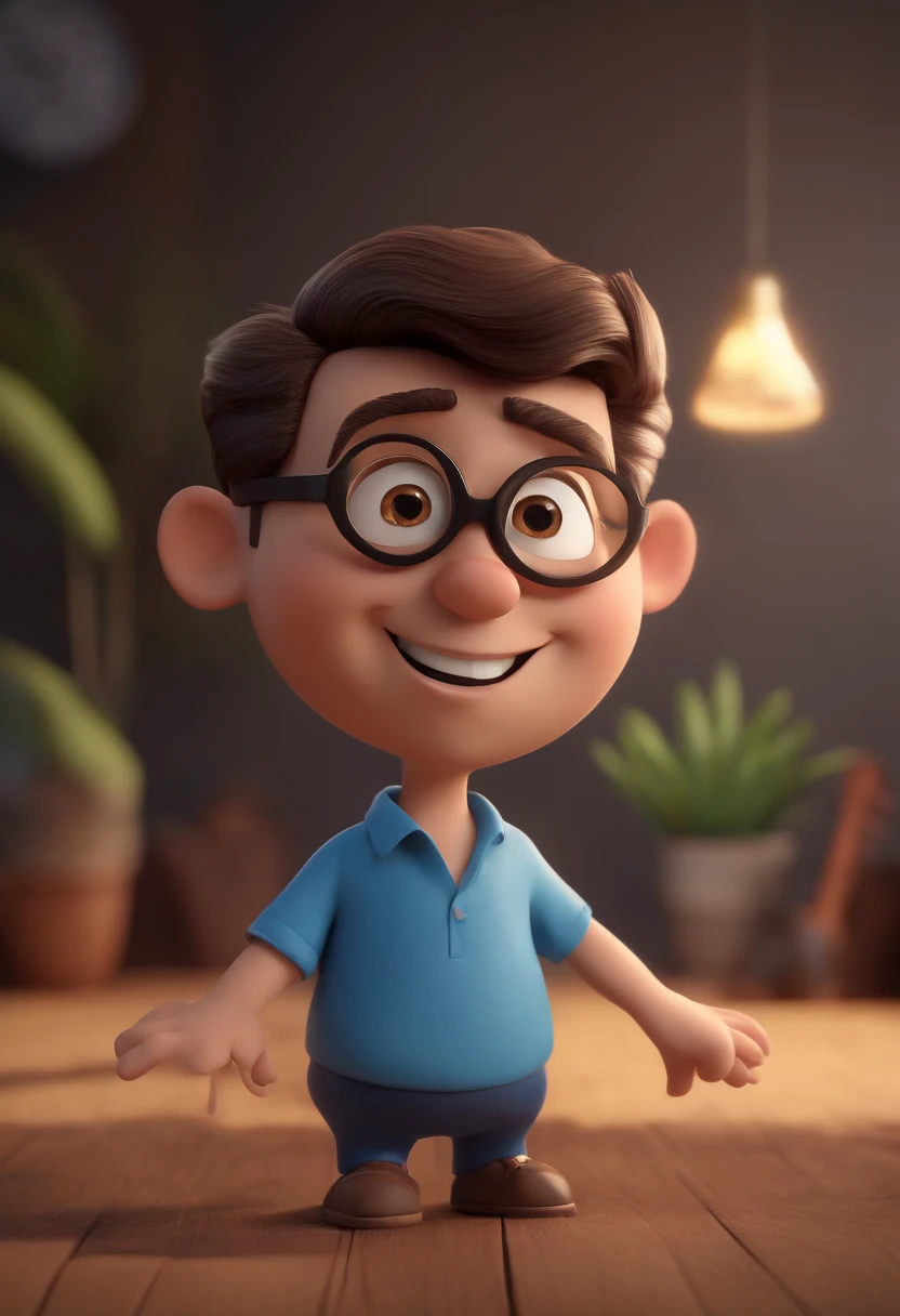 Cartoon character of a man with black glasses and a blue shirt, animation character, Caractere estilizado, animation style rendering, 3D estilizado, Arnold Maya render, 3 d render stylized, toon render keyshot, Personagem 3D, Personagem 3D, 3d rendering stylized, 3 d character render, personagem de desenho animado, Personagem de close up, Pose de personagem, (Estilo Pixar) (master part:1.2) (Bokeh) (best quality) (pele detalhada) (textura detalhada) (8k) (argila) (Cinematic lighting) (foco nítido