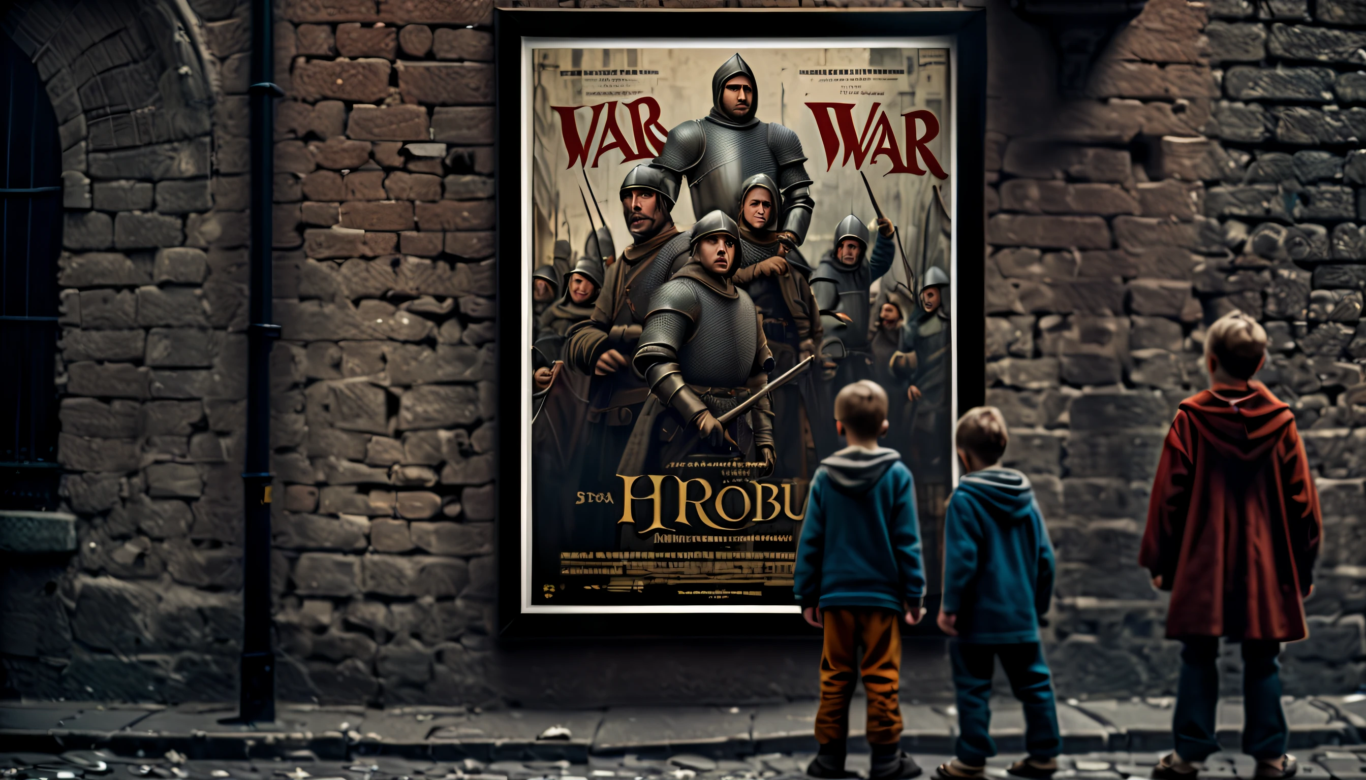 (((street-walls-pasted of medieval war with movie-poster:1.3))), (((club-kids looking at movie poster:1.3))), matte painting so detailed and layered that it feels like a real place, rococo-cityscape-street-wall background detail, intricate details, master piece,
