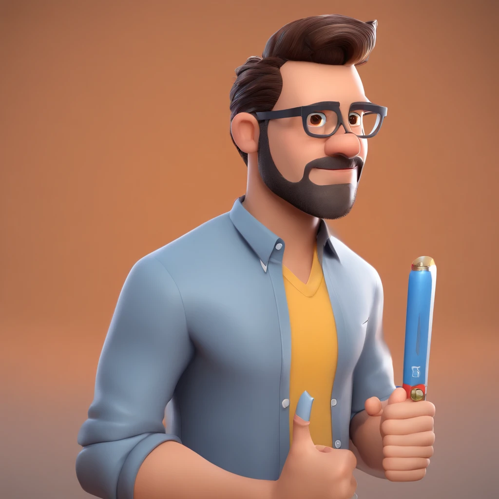 Criar um personagem no estilo Pixar. Trata-se de um homem de 20 anos, sem barba,sem cavanhaque ,Branco,com camisa vermelha, com cabelos castanhos curtos e um quiff, with blue glasses and brown eyes. Ele deve estar na frente de um computador, Trabalhar num mercado