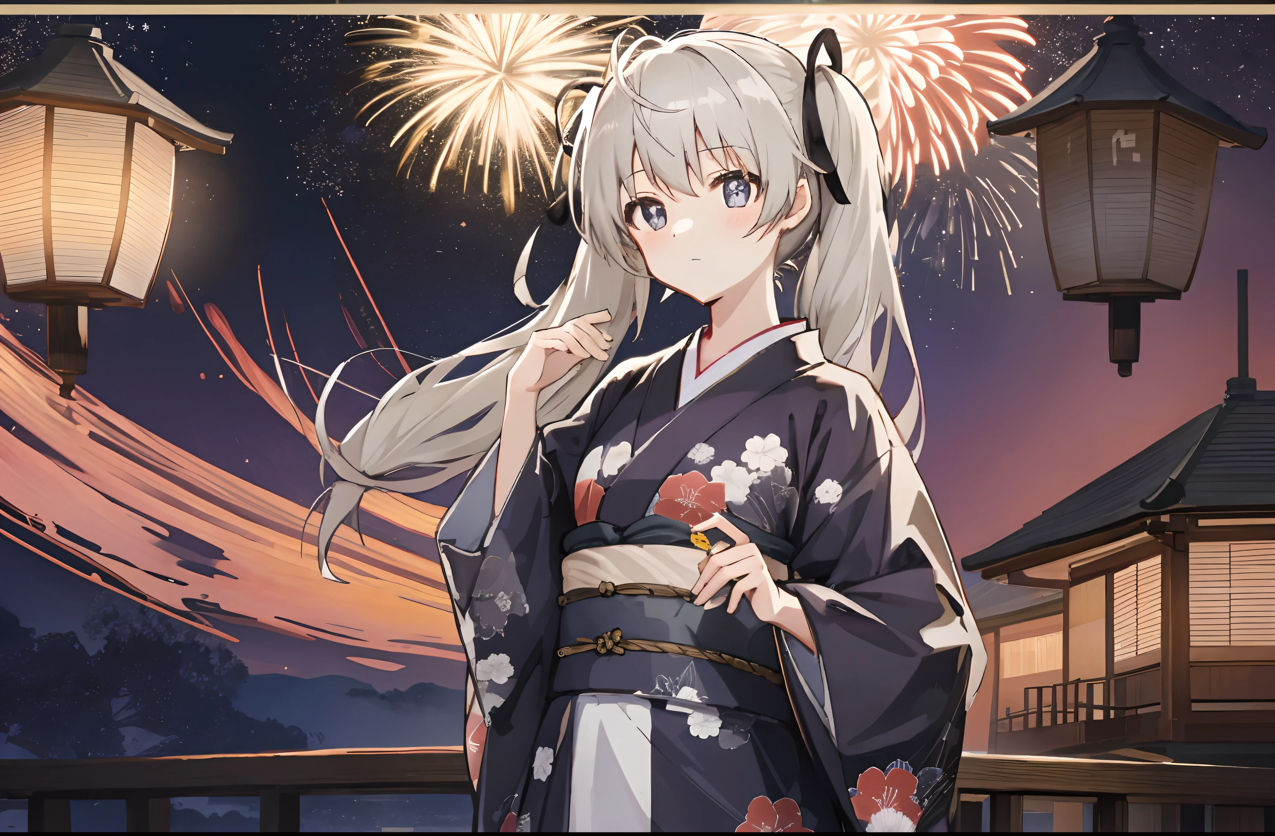 (Masterpiece,best qualtiy,A high resolution:2),1girl,high school senior,white skinned,Gray-black pupils,twintails,komono,Japanese kimono,Delicate face,Fireworks festival,Mountaintop Observation Deck,hilltop,Vast night sky background,the night,The environment is dim,Sora Kasugano,Animated illustration style,pixiv popular,Cowboy shooting,Full body in camera,16K,8K,High Picture Quality,High pixel ratio