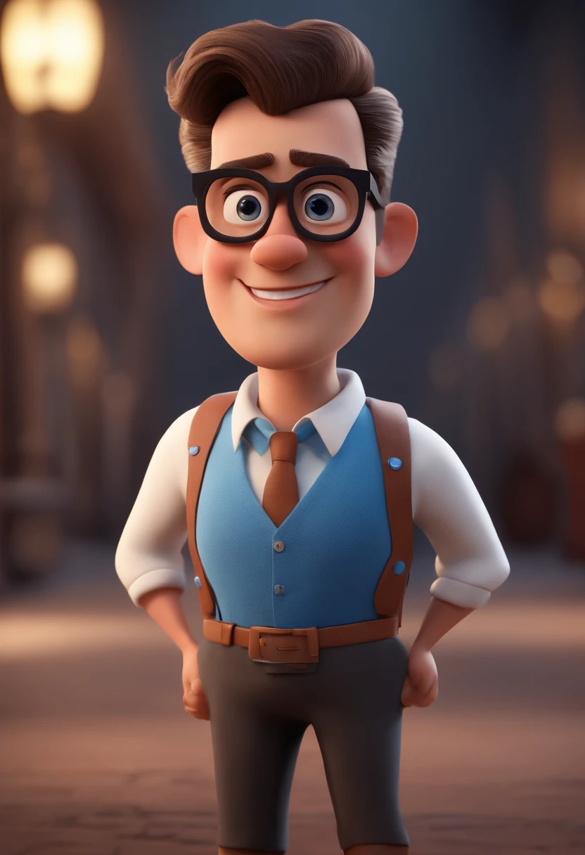 Cartoon character of a man with black glasses and a blue shirt, animation character, Caractere estilizado, animation style rendering, 3D estilizado, Arnold Maya render, 3 d render stylized, toon render keyshot, Personagem 3D, Personagem 3D, 3d rendering stylized, 3 d character render, personagem de desenho animado, Personagem de close up, Pose de personagem, (Estilo Pixar) (master part:1.2) (Bokeh) (best quality) (pele detalhada) (textura detalhada) (8k) (argila) (Cinematic lighting) (foco nítido