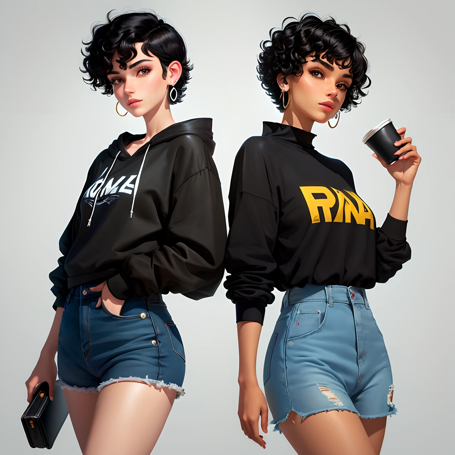 I want a teen man pixar style skin Mirela earrings in both ears black hair short curly haircut is American small nose
