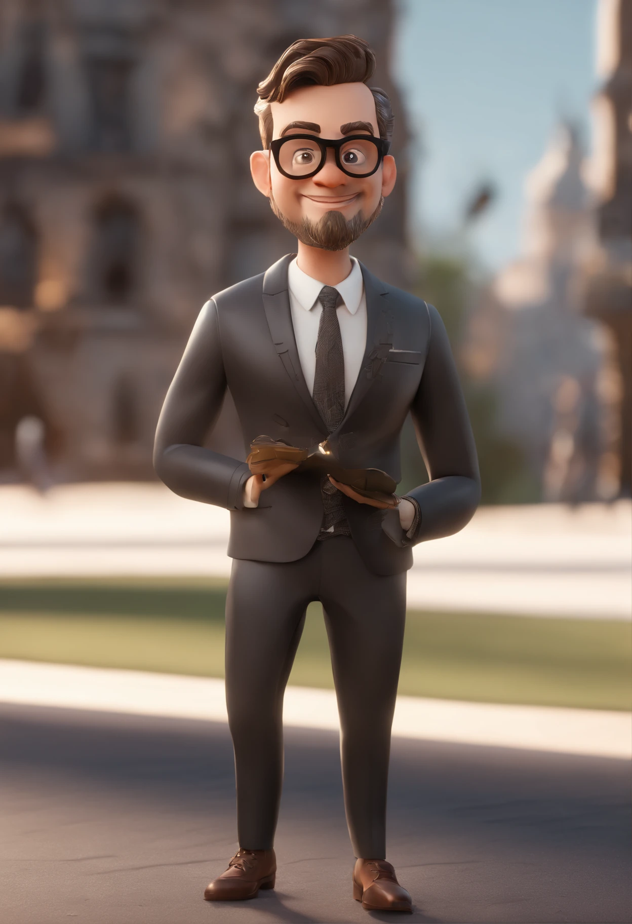 Cartoon character of a man with rectangular black glasses and a suit with a blue shirt, bible and beard animation character, Caractere estilizado, animation style rendering, 3D estilizado, Arnold Maya render, 3 d render stylized, toon render keyshot, Personagem 3D, Personagem 3D, 3d rendering stylized, 3 d character render, personagem de desenho animado, Personagem de close up, Pose de personagem, (Estilo Pixar) (master part:1.2) (Bokeh) (best quality) (pele detalhada) (textura detalhada) (8k) (argila) (Cinematic lighting) (foco nítido