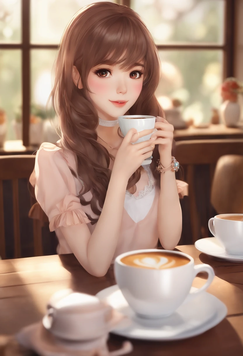 There's a woman who's holding a cup of coffee, Menina anime na vida real, menina anime jovem realista, retrato da menina anime bonito, bonito rosto de anime natural, kawaii retrato realista, Estilo anime 3D realista, menina kawaii bonito, menina anime atraente, anime fotorrealista, garota misteriosa da cafeteria, menina anime jovem, menina anime bonito, Menina anime com cabelo longo