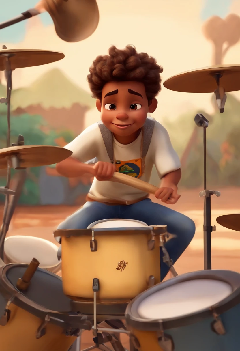 crie um banner no estilo Pixar. A boy with Brazilian features, branco com cabelos curtos, Castanhos escuros, Brown and slightly grayish appearance, mas jovem, usando uma camiseta, Wearing jeans and playing a classic drum kit.