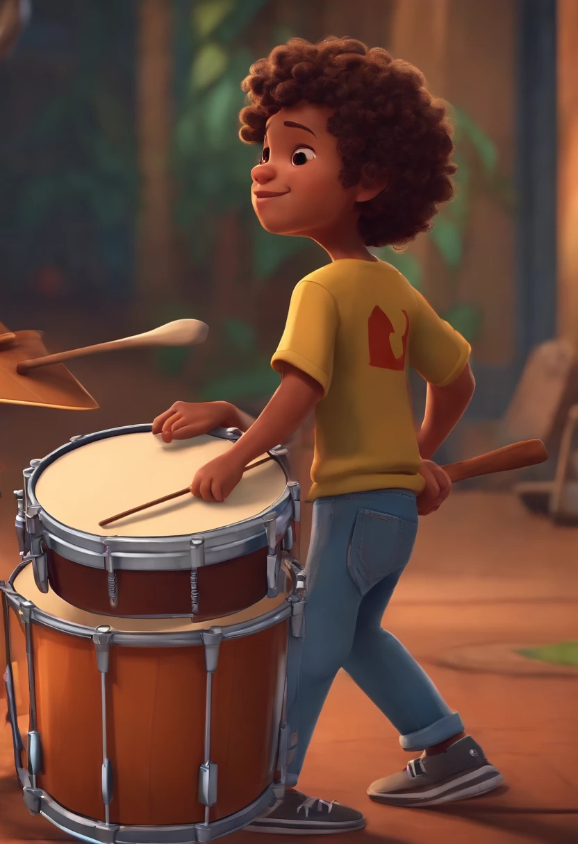 crie um banner no estilo Pixar. A boy with Brazilian features, branco com cabelos curtos, Castanhos escuros, Brown and slightly grayish appearance, mas jovem, usando uma camiseta, Wearing jeans and playing a classic drum kit.